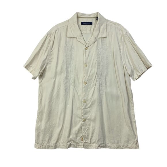 Tommy Bahama Shirt Mens XXL 2XL Cream Silk Short Sleeve Embroidered Graphic - Picture 1 of 10